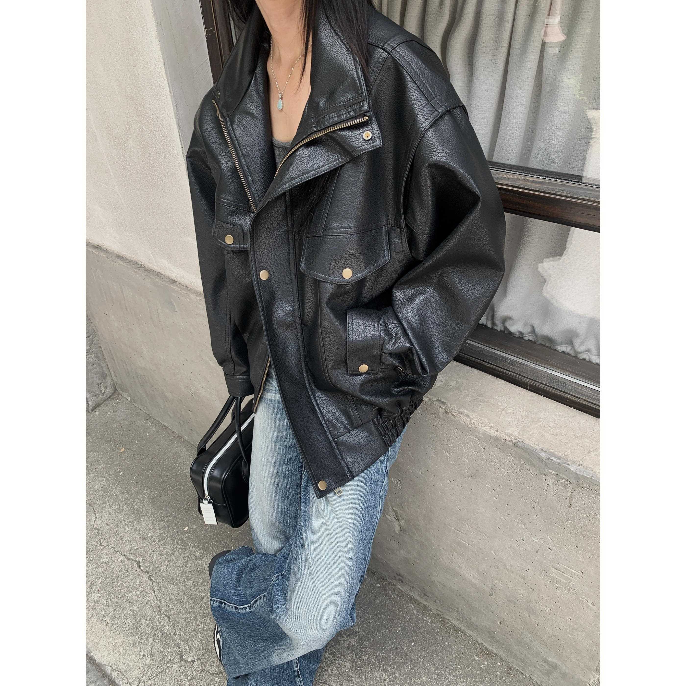 秋季百搭机车服皮衣外套女士ins宽松落肩无性别设计感夹克短外套