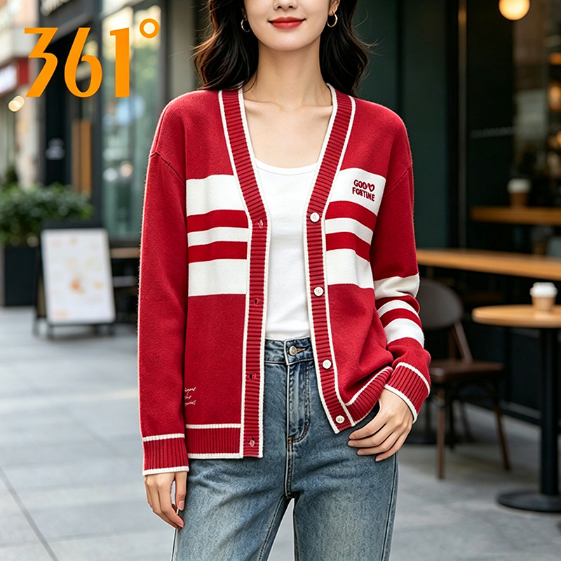 361休闲毛衣女2026秋季新款红色百搭开衫V领外套宽松落肩运动服饰