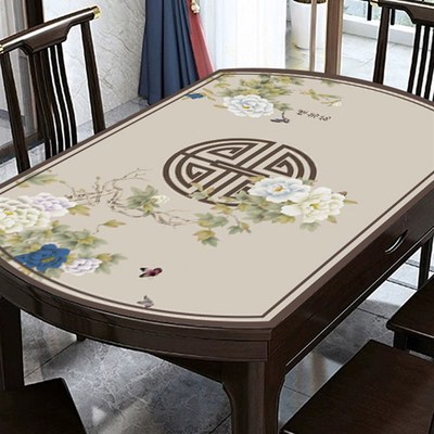 新中式椭圆形餐桌布防水防烫防油免洗可折叠伸缩圆桌桌垫2023新款