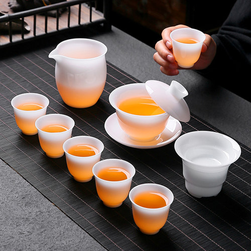 冰种羊脂玉瓷功夫茶具套装可悬停白瓷盖碗高档家用办公室薄胎茶杯