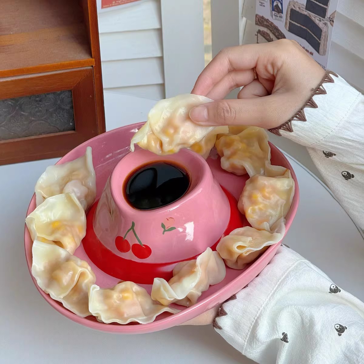 创意牛仔帽陶瓷饺子盘带醋碟