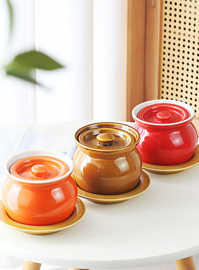 红色陶瓷炖盅家用隔水炖煲一人份瓦罐煨汤蒸蛋小汤罐商用定制logo