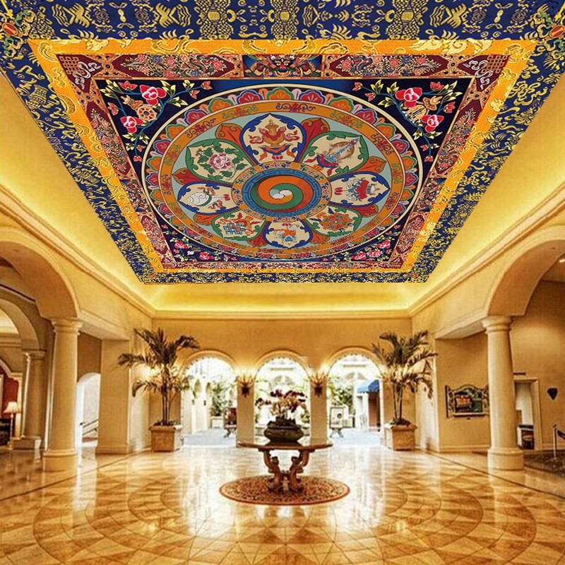 精选藏式吊顶天花板墙纸花纹民族风客厅酒店壁画唐卡坛城文化背景,家装主材,无纺布墙纸,淘宝优惠券,粉丝福利购,淘宝优惠卷