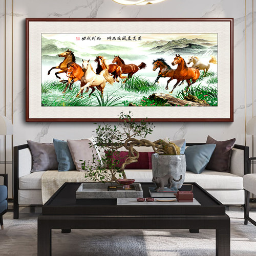 八骏图墙壁画客厅挂画办公室背景山水画马到成功装饰画八匹骏马图