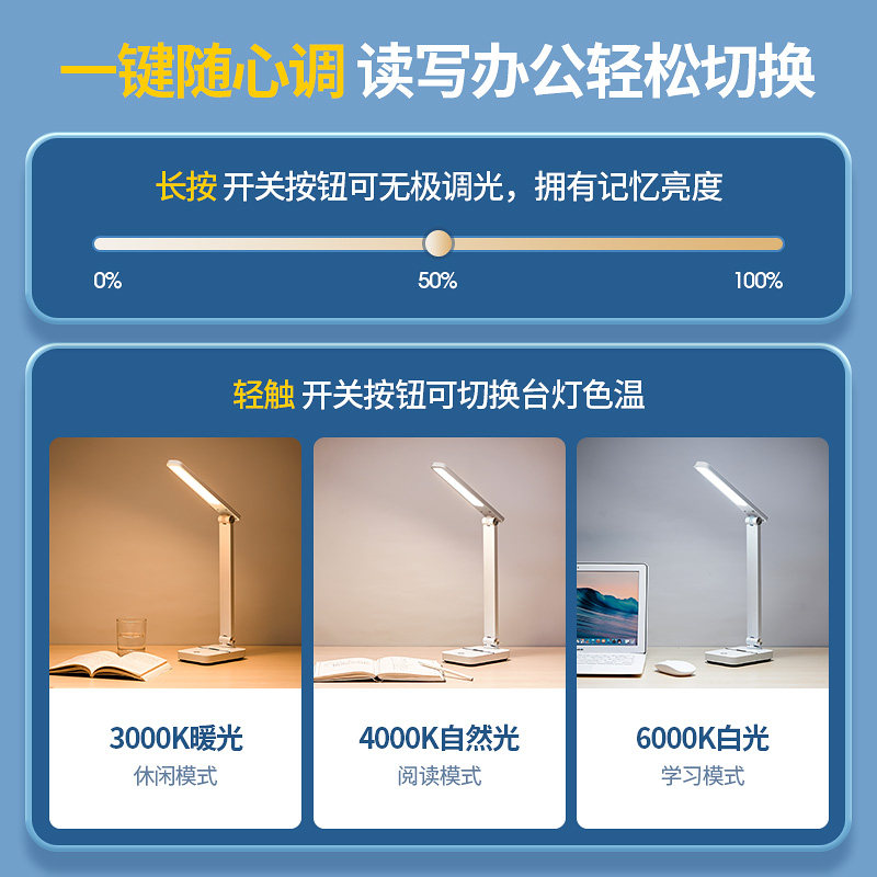 小台灯护眼学习专用大学生高中宿舍充电式卧室床头家用书桌面台风