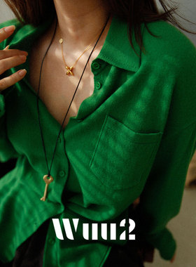 Wuu2 生生不息 静奢翻领绿色羊毛衫针织开衫绝美巨好看针织衫上衣