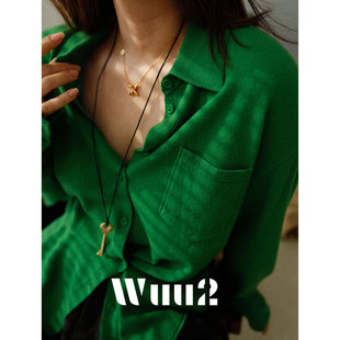 绝美巨好看针织衫 Wuu2 针织开衫 静奢翻领绿色羊毛衫 上衣 生生不息