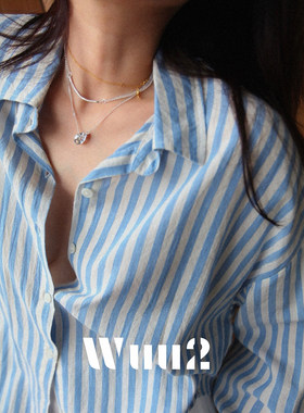棉麻条纹衬衫Wuu2复古宽松蓝色