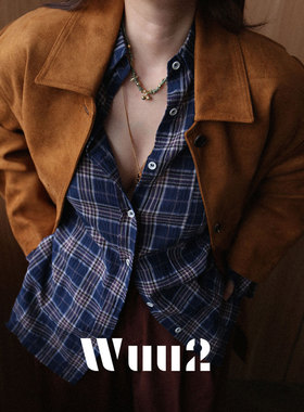 Wuu2 简格雷 怀旧复古蓝色格子衬衫女纯棉独特超好看弥散格纹衬衣