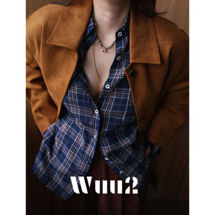 Wuu2 简格雷 怀旧复古蓝色格子衬衫女纯棉独特超好看弥散格纹衬衣
