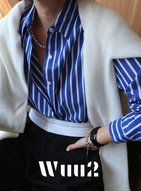 Wuu2 南法老钱风蓝白条纹衬衫女摩登百搭长袖设计感宽松叠穿上衣
