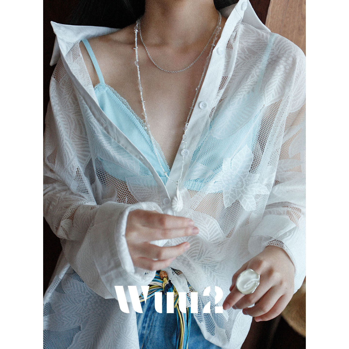Wuu2 疏影缄白 蕾丝透视白色衬衫女夏季薄款松弛感防晒外搭上衣