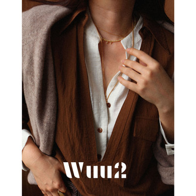 Wuu2轻奢假两件拼棕色长袖衬衫