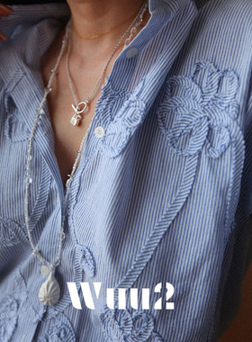 Wuu2 帕米耶 别致立体盘花条纹蓝色衬衫小众设计感休闲衬衣女春夏