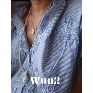 小众设计感休闲衬衣女春夏 别致立体盘花条纹蓝色衬衫 Wuu2 帕米耶