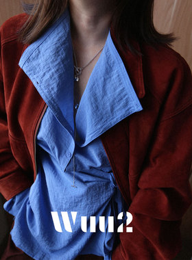 Wuu2 静谧蓝调 翻领绑带设计感亚麻蓝色衬衫女法式别致长袖上衣