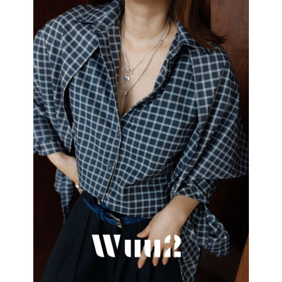 Wuu2复古格子长袖宽松衬衫女披肩