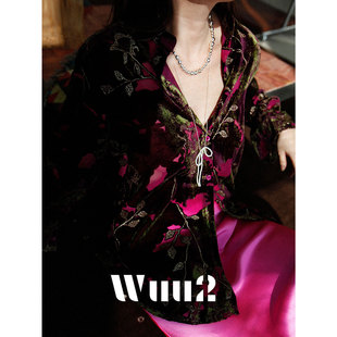 Wuu2 德布勒森 复古艺术丝绒衬衫女长袖小众设计感不撞款上衣宽松