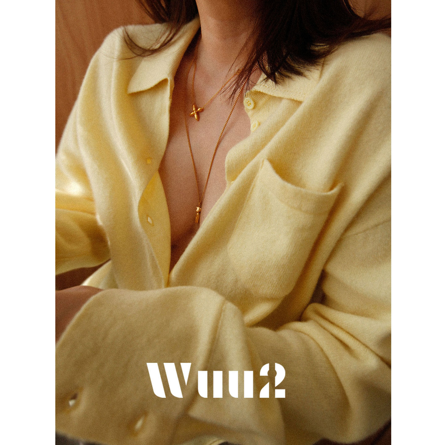 Wuu2静奢翻领黄色羊毛针织开衫