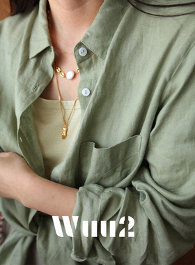 Wuu2 清茶初屿 瑞士亚麻绿色衬衫女防晒宽松慵懒风法式高级感春夏