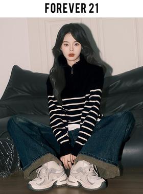 orever21秋冬慵懒风加XX-806-1F厚 针织毛衣女黑拉色条纹长袖半炼