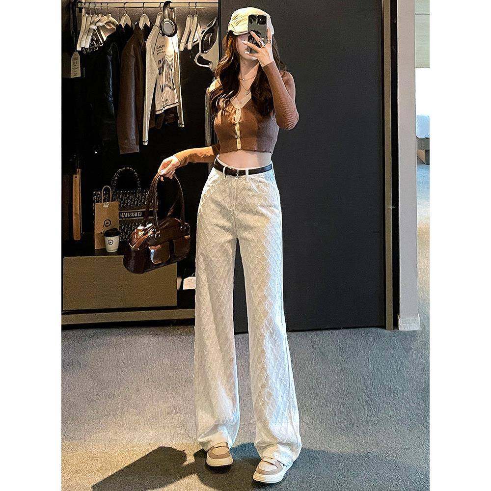 白色牛仔裤女GUB窄版直筒长宽裤子秋季地编织感休阔腿裤高腰松拖