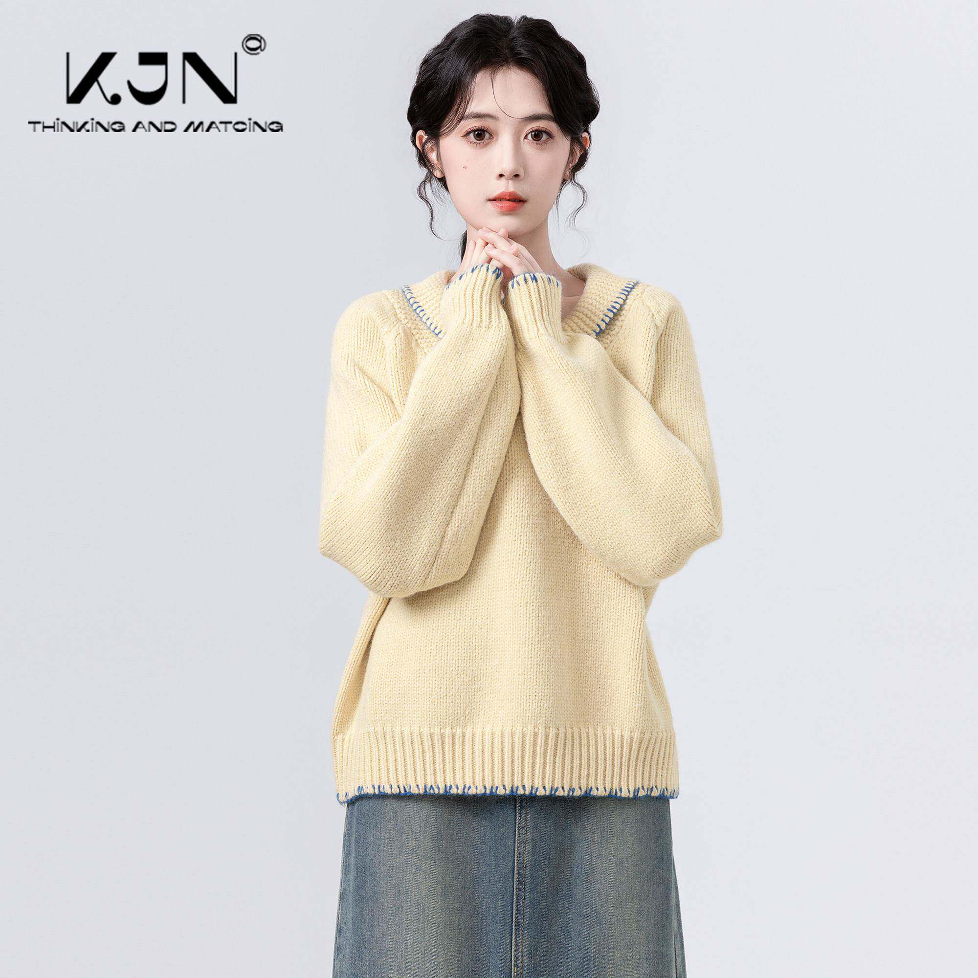 黄色NC2F48-8牛角po织o领毛衣女2025秋冬新款翻领宽松软糯加厚l针