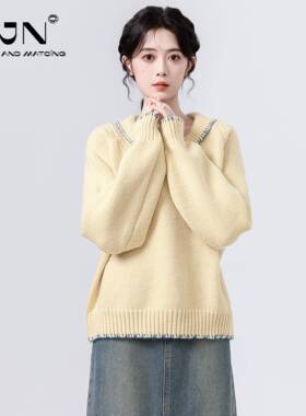 黄色NC2F48-8牛角po织o领毛衣女2025秋冬新款翻领宽松软糯加厚l针