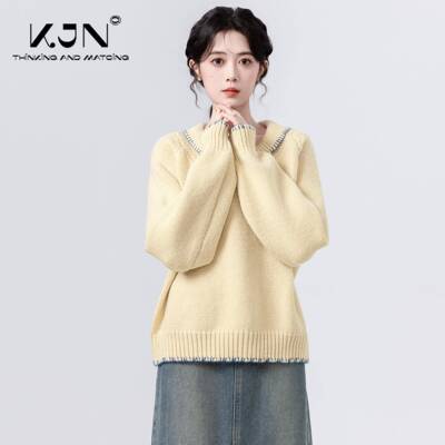黄色NC2F48-8牛角po织o领毛衣女2025秋冬新款翻领宽松软糯加厚l针