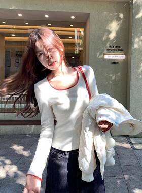 曾小咸 韩撞色彩点长袖针系织恤女ZQJ早t秋季修身内搭单打底衫穿