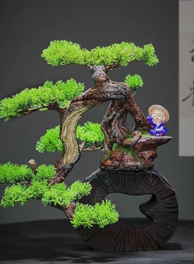 新中式实木仿真绿植禅意树脂盆景摆件室内玄关桌面酒店办公装饰品