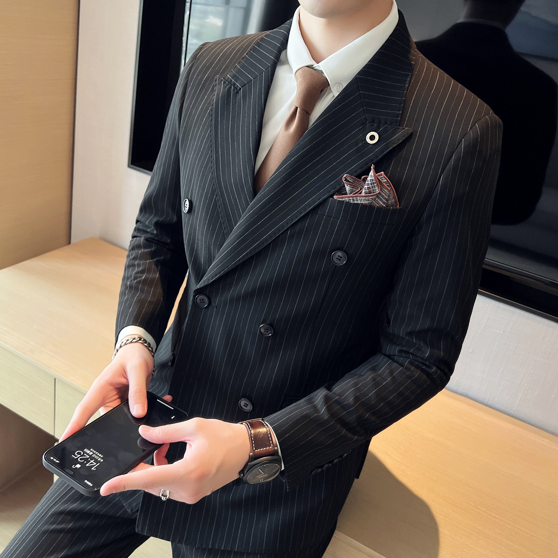 DOUBLE-BREASTED SUIT MENS SUIT GROOM WEDDING STRIPED FORMAL DRESS HAIRSTYLIST SUIT THREE-PIECE CASUAL JACKET