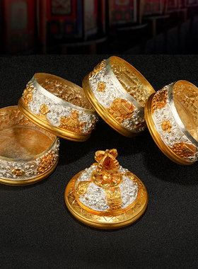 尼泊尔手工纯铜鎏金鎏银米桶雕花修粮用宝瓶供奉家用米盒用品19cm