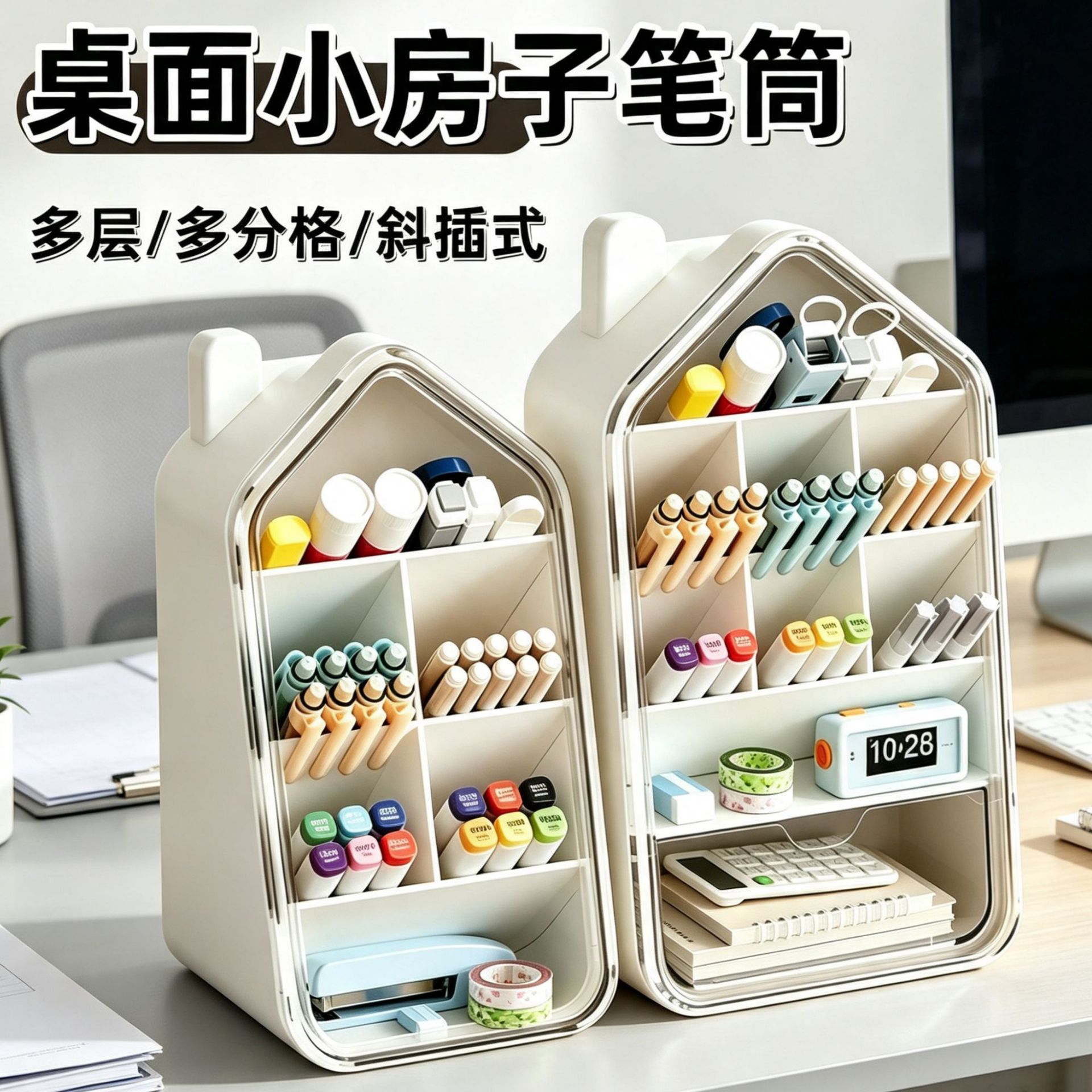日式笔筒ins高颜值桌面文具收纳盒办公用品笔筒斜式分格收纳架子
