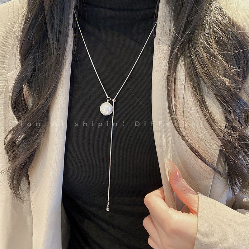 毛衣链长款高级感冷淡风抽拉可调节珍珠项链女轻奢小众设计爆款锁