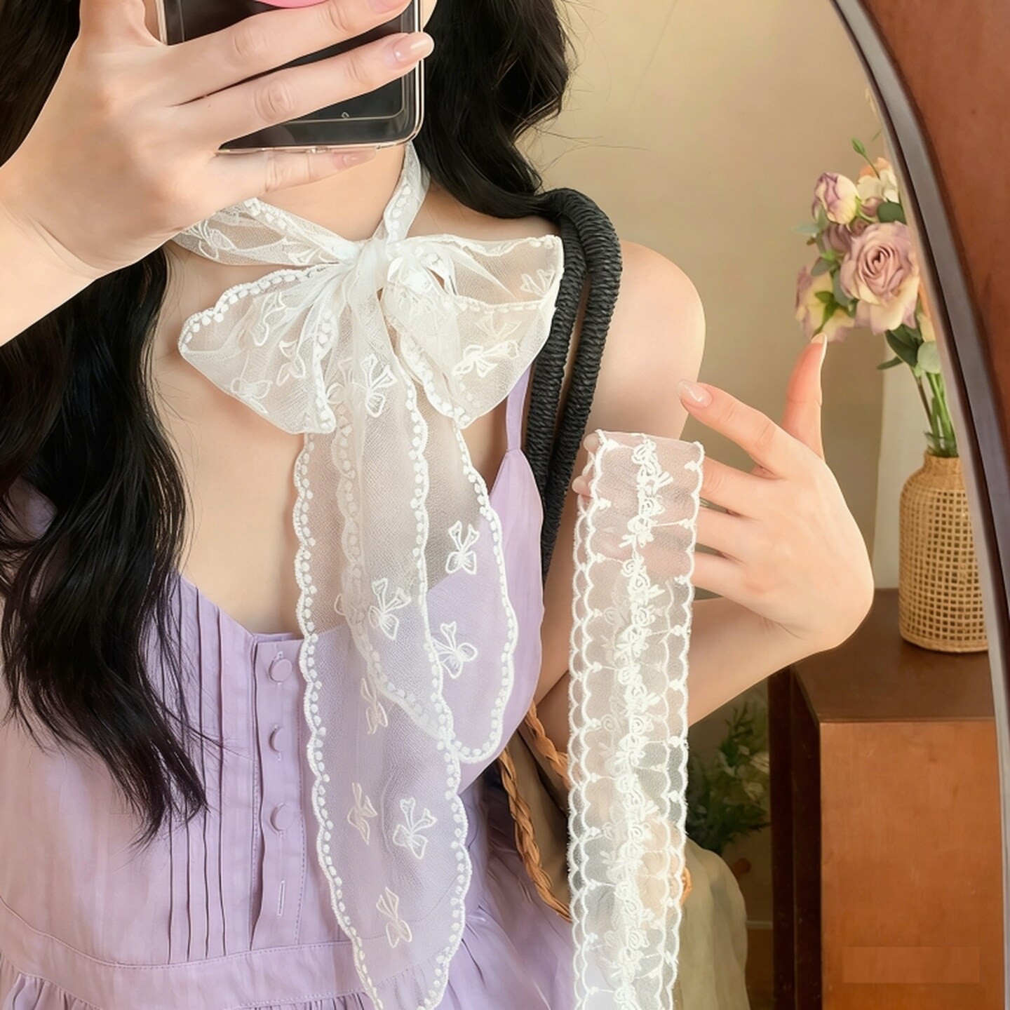 系脖丝带纯欲白色蕾丝飘带长条丝巾发带春夏辣妹叠戴绑发头饰