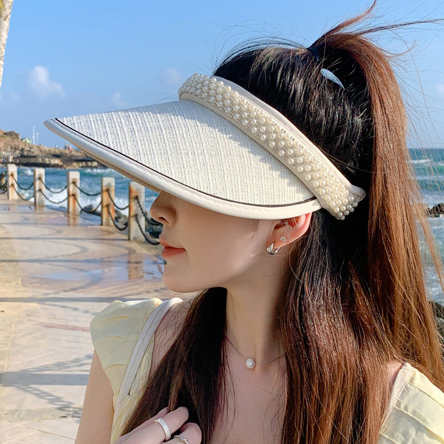 珍珠帽子夏季防晒遮阳紫外线空顶帽百搭珍珠帽女黑胶大檐太阳帽子
