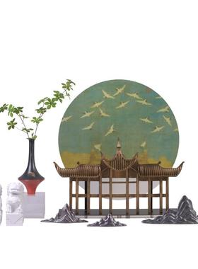 新中式入户玄关禅意圆形仙鹤图屋檐金属亚克力摆件样板房软装饰品