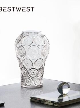 博西家居 简约圆形纹路透明水培玻璃花瓶摆件家居客厅装饰品花器