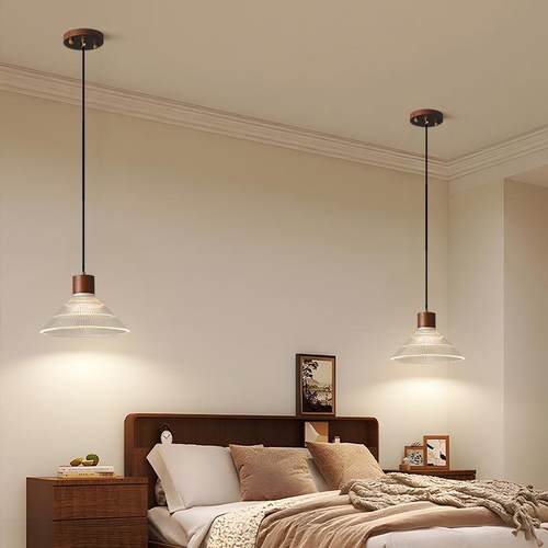 中古风小吊灯胡桃实木卧室床头灯美式复古玻璃吧台餐厅玄关灯具