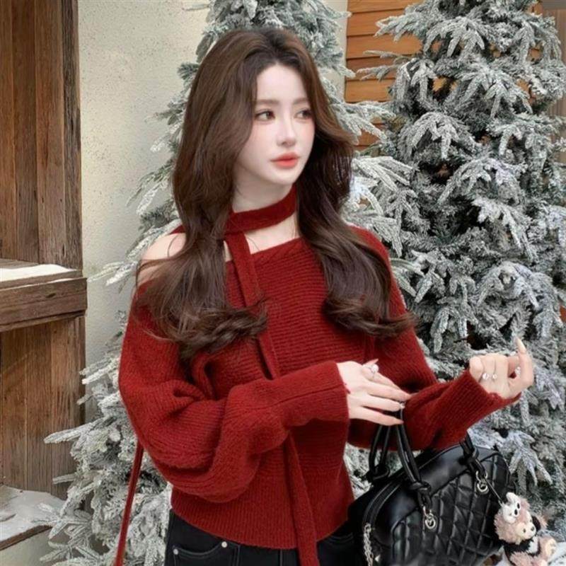 圣诞新年红色斜肩长袖毛衣女秋冬氛围感飘带露肩收腰显瘦针织上衣,女装/女士精品,毛针织衫,淘宝优惠券,粉丝福利购,淘宝优惠卷