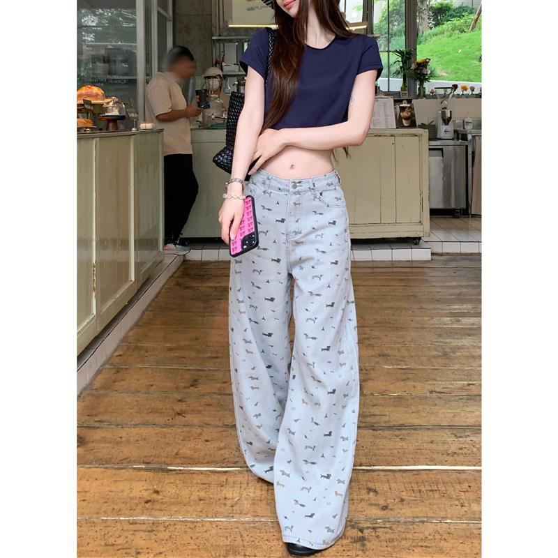 kumikumi自制慵懒风小狗印花高腰牛仔裤女夏季百搭可爱宽松阔腿裤图片