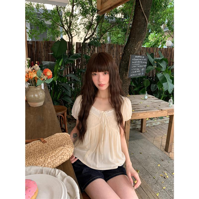 kumikumi自制蝴蝶结系带短袖衬衫女装夏季甜美风减龄显瘦外穿上衣图片