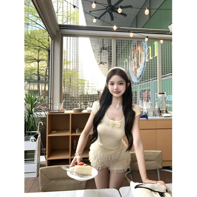 kumikumi纯欲套装短袖U型领蝴蝶结T恤女装夏季新款蕾丝短裤两件套图片