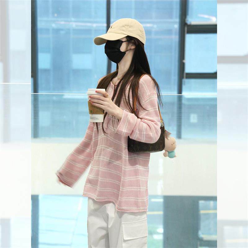 韩系chic粉色条纹防晒长袖T恤女夏季宽松慵懒罩衫外搭空调上衣薄