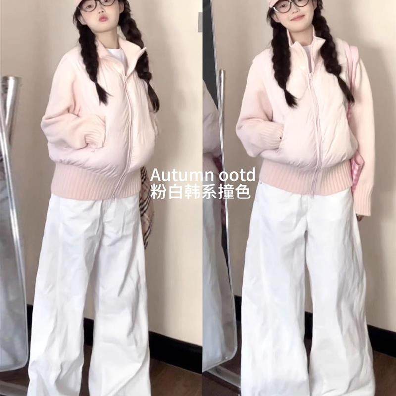 韩系针织拼接长袖短款羽绒棉服女秋冬季甜美粉色收腰棉袄外套上衣,女装/女士精品,棉衣/棉服,淘宝优惠券,粉丝福利购,淘宝优惠卷