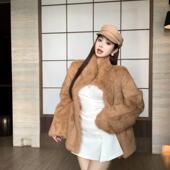 kumikumi高级感卡色立领长袖 皮草外套女冬季 百搭宽松显瘦气质大衣