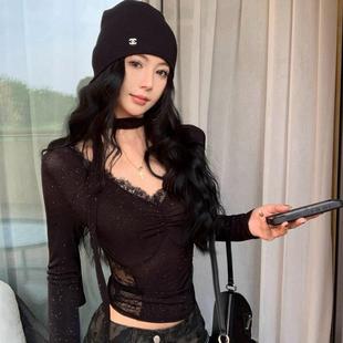 kumikumi纯欲风蕾丝拼接V领长袖T恤女装秋季性感亮片收腰内搭上衣