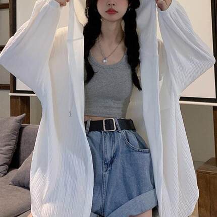 大码白色宽松防晒衣薄款外套女2026新款早春中长款开衫防晒衫外搭