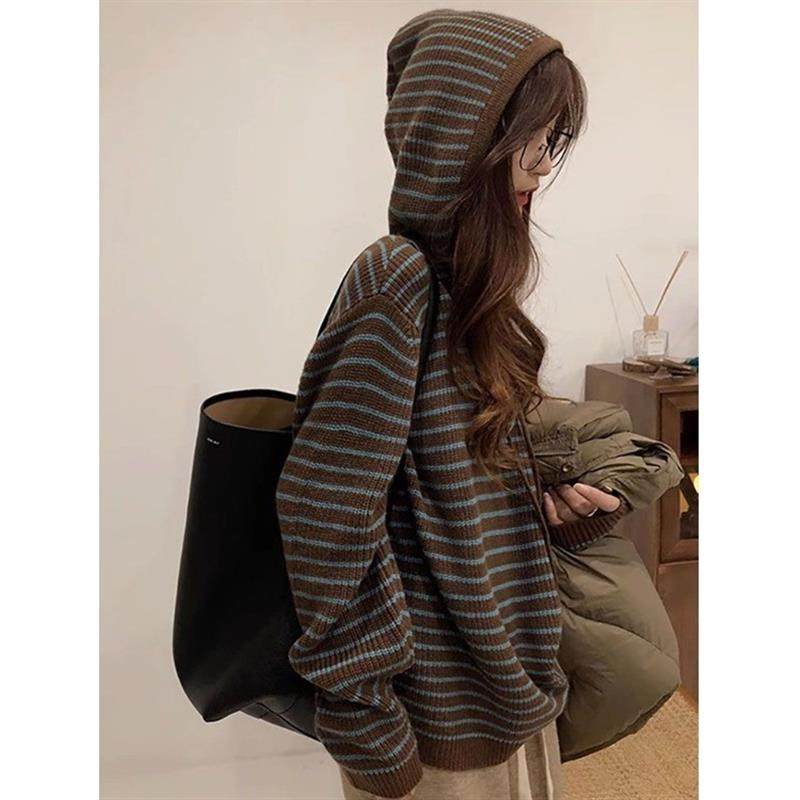 美拉德撞色条纹慵懒风连帽毛衣女秋冬chic中长款宽松百搭针织上衣,女装/女士精品,卫衣/绒衫,淘宝优惠券,粉丝福利购,淘宝优惠卷